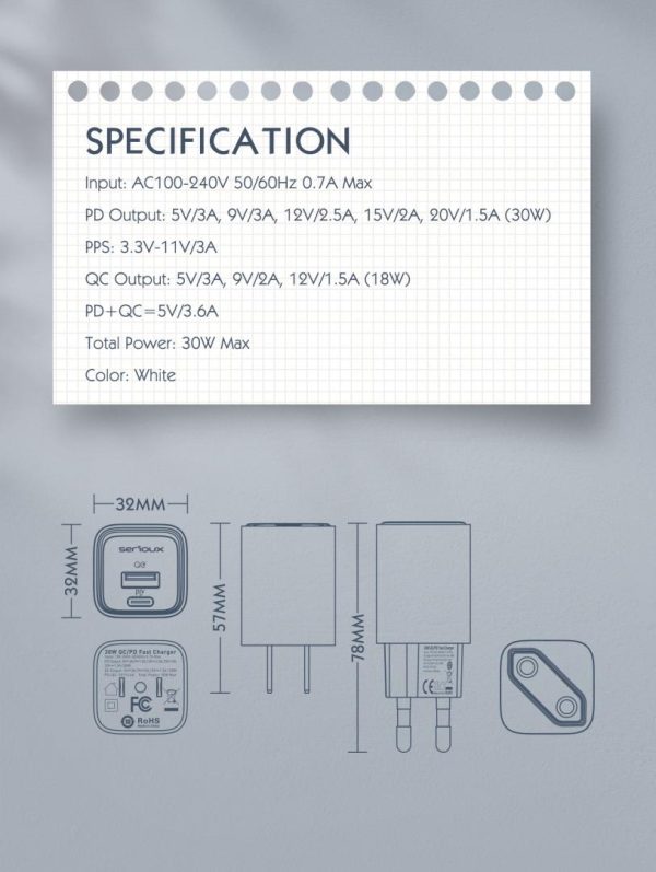 Incarcator retea Serioux 30W Quick Charge, Intrare AC100-240V~ 50/60Hz 0.7A - RealShopIT.Ro